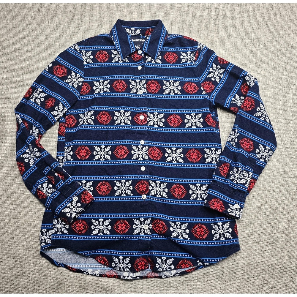 Lands End Shirt Womens XS Flannel Snowflake Fair Isle Button Up Winter Plaid